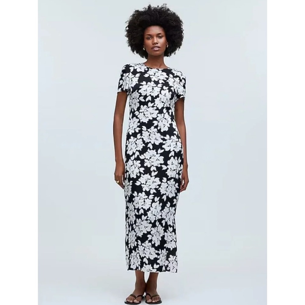 Madewell Maxi T-Shirt Dress Floral Hammered Satin Lightweight Black White 8 NWT